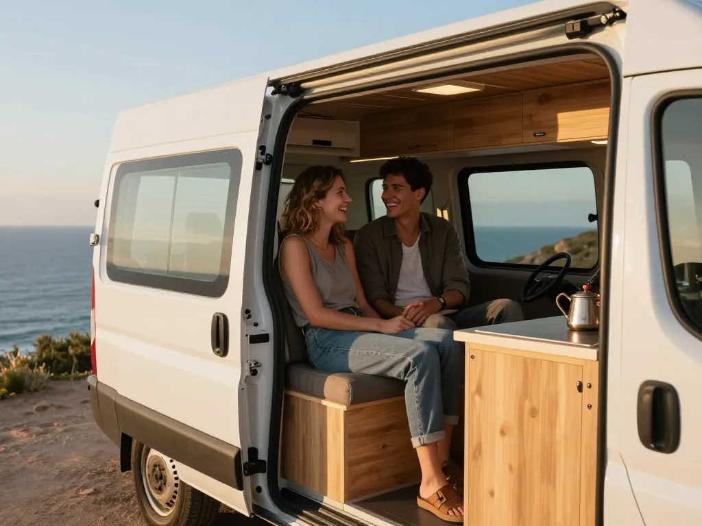 Un couple souriant profite de l'intérieur confortable d'un fourgon aménagé face à la mer au coucher du soleil.