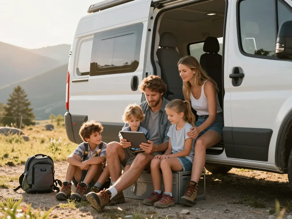 Une famille souriante devant son véhicule de loisirs consultant une tablette numérique pour accéder au service d'assistance durant ses vacances au camping.