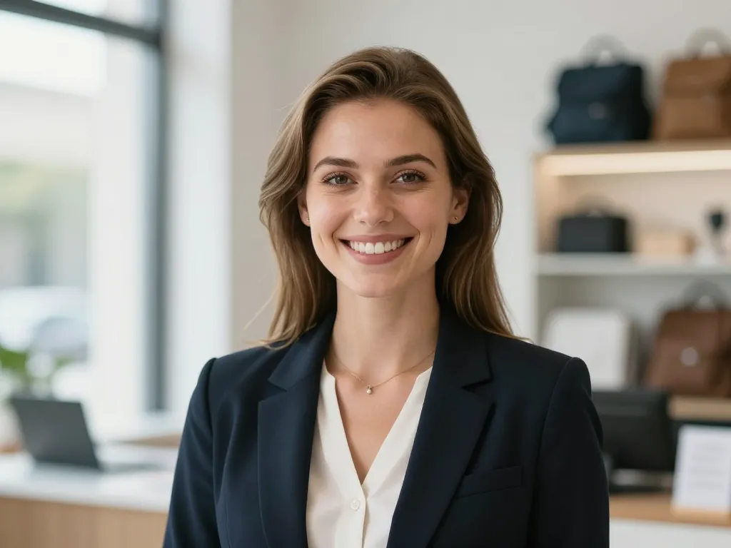 Portrait souriant et professionnel de Clara L., membre de l'équipe support client pour le site de voyage.