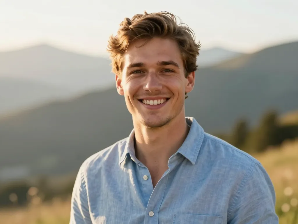 Portrait de Lucas M., un conseiller de voyage souriant et accueillant devant un décor de montagnes ensoleillées.
