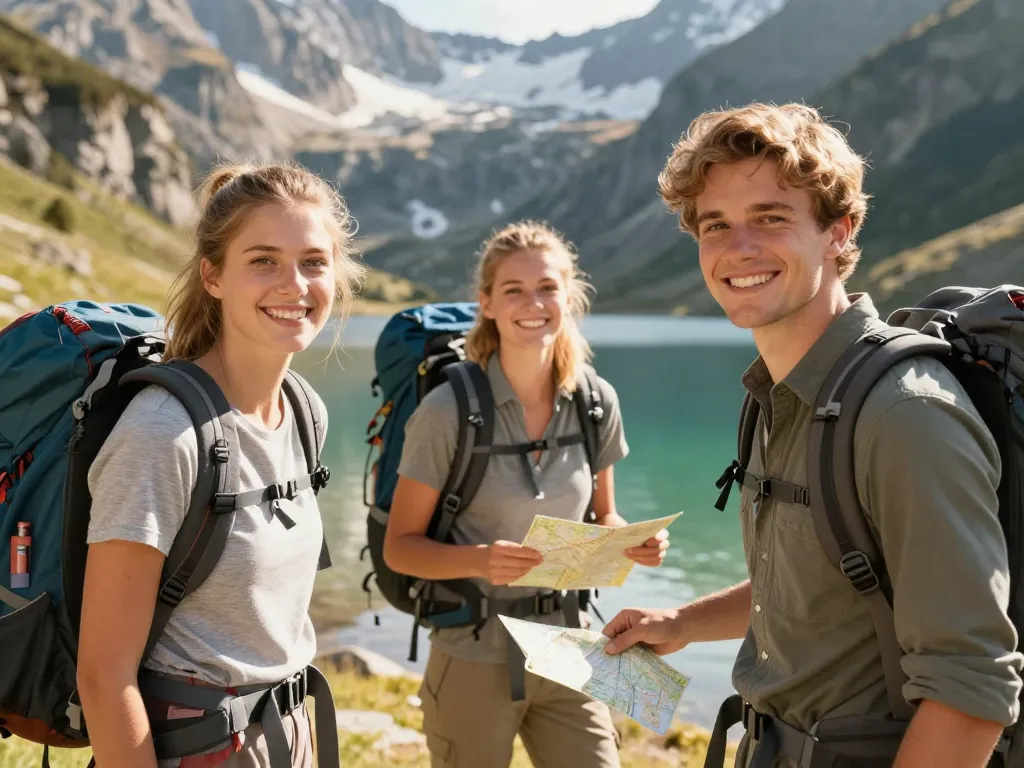 Un groupe de trois jeunes randonneurs souriants posant fièrement devant un lac de montagne et des sommets enneigés lors d'un voyage d'aventure.