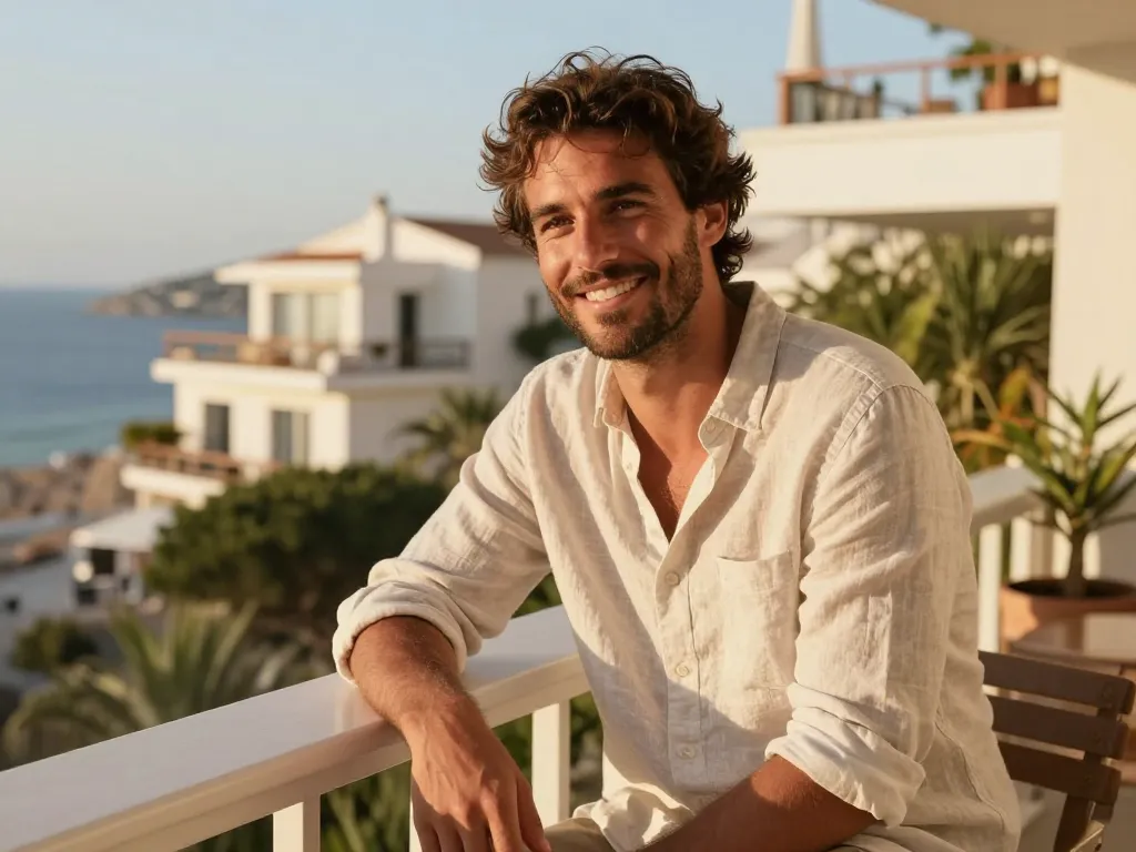 Portrait d'un jeune homme souriant et détendu sur la terrasse d'un appartement de vacances ensoleillé.
