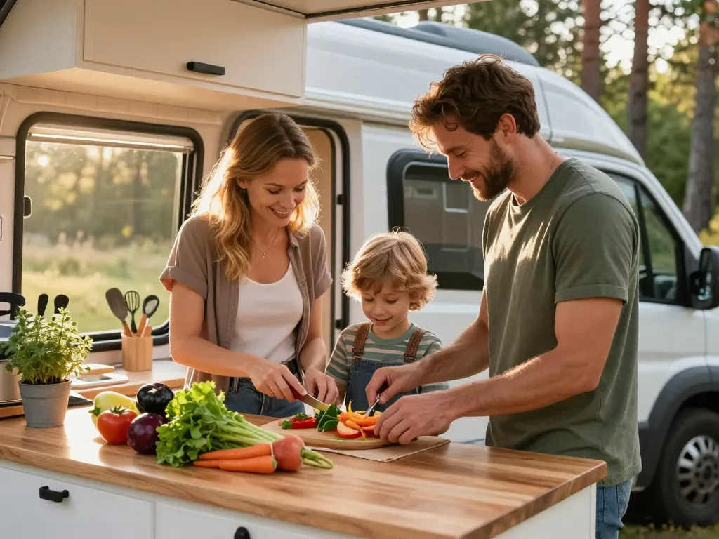 Une famille joyeuse préparant un repas dans la cuisine moderne d'un fourgon aménagé stationné en pleine nature au coucher du soleil.