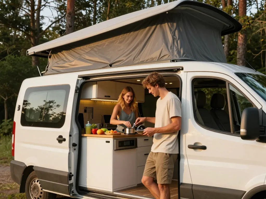 Jeune couple préparant un repas dans la cuisine d'un van compact avec toit relevable en pleine nature.