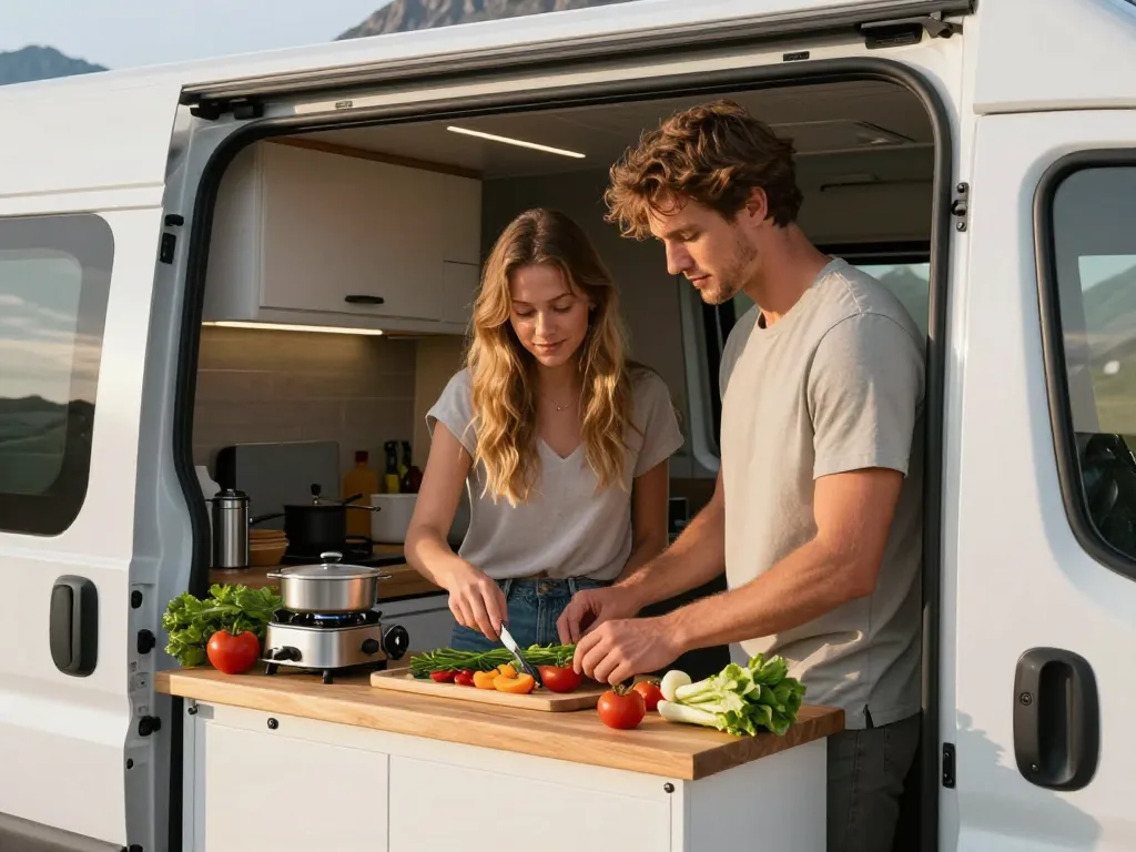 Jeune couple préparant un repas avec des produits frais dans la cuisine d'un van aménagé face aux montagnes des Alpes.