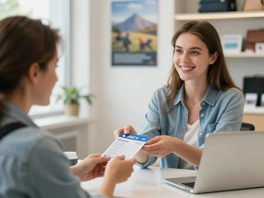 Une conseillère de voyage souriante accompagne un client pour l'utilisation de ses chèques-vacances ANCV dans un bureau lumineux.
