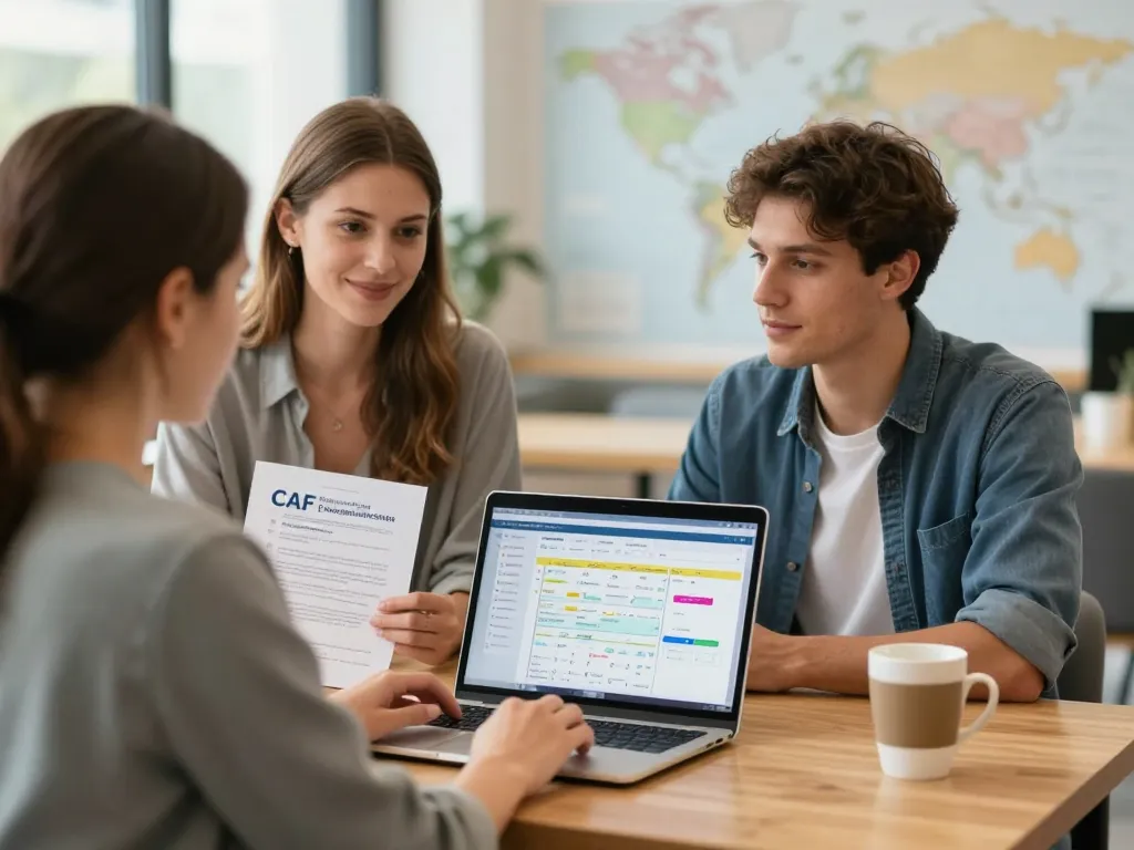 Une conseillère souriante aide un jeune homme à organiser son projet de vacances avec le soutien de la CAF dans une agence de voyage lumineuse.