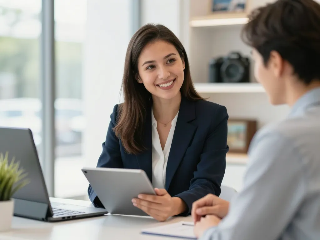 Une conseillère de voyage souriante échange avec un client dans une agence moderne et lumineuse pour les services IRP Auto.