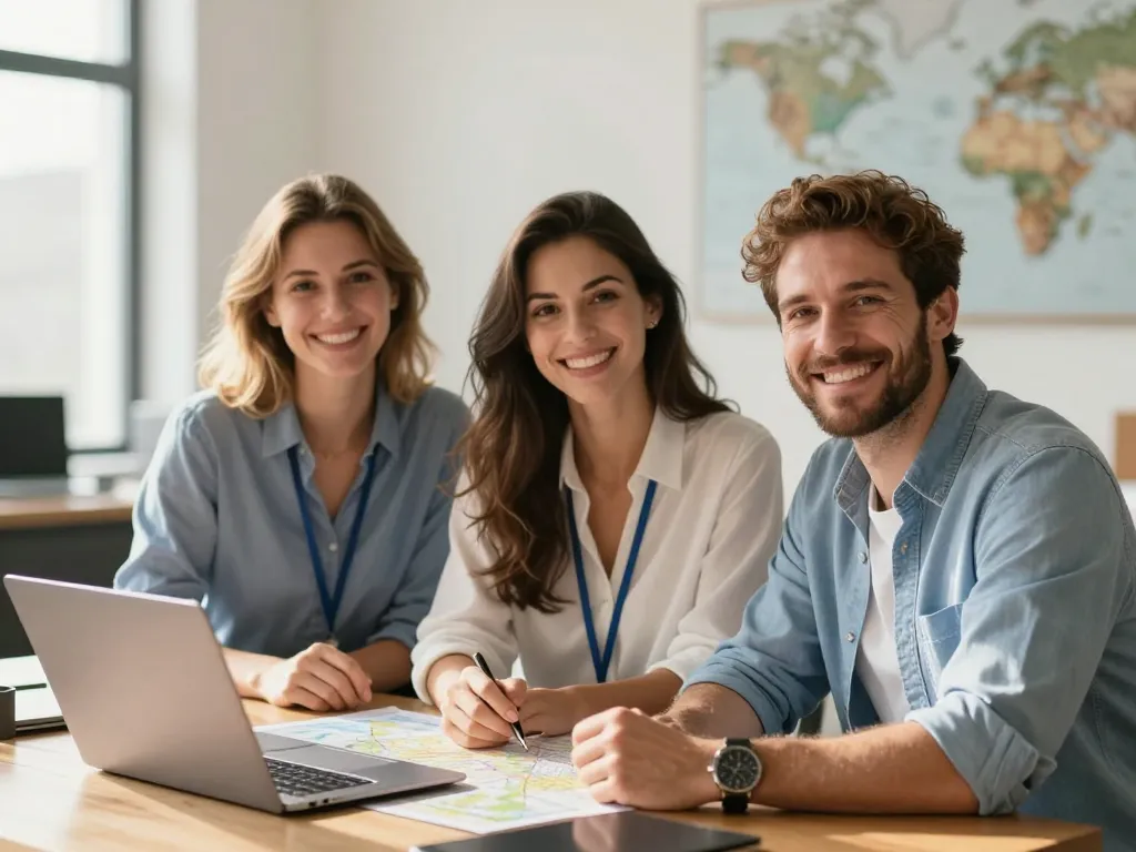 Trois conseillers en voyage souriants et professionnels discutant d'un projet d'évasion autour d'une carte dans un bureau lumineux.