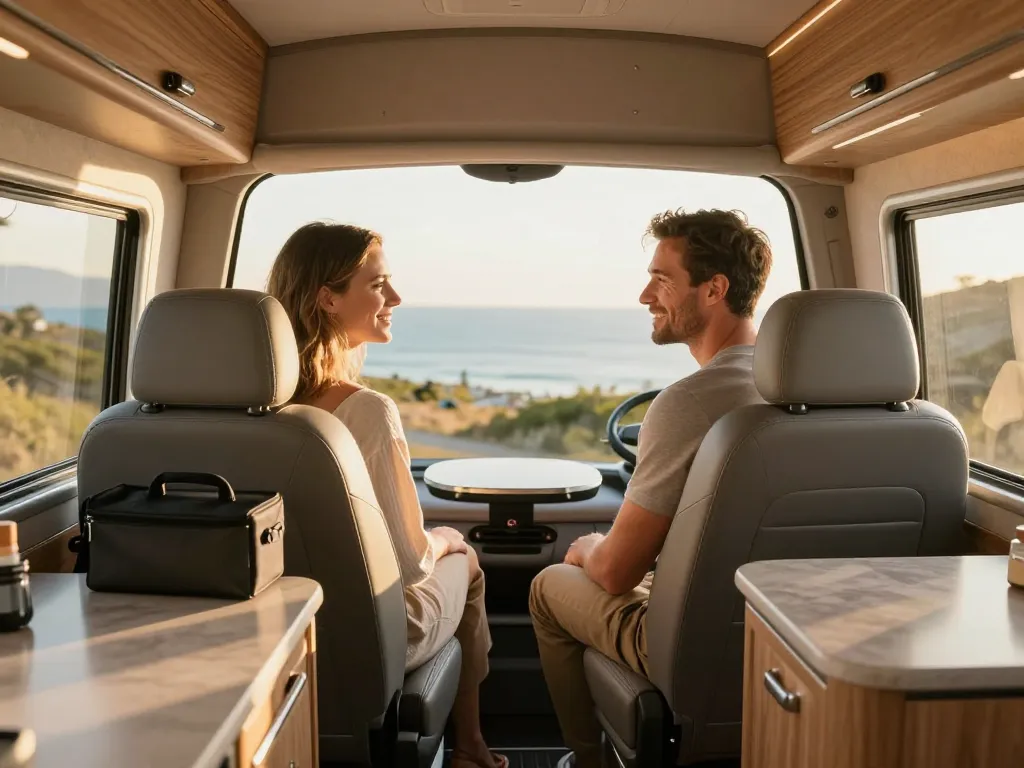 Un couple souriant se détend dans l'habitacle confortable et moderne d'un van de voyage stationné face à la mer.