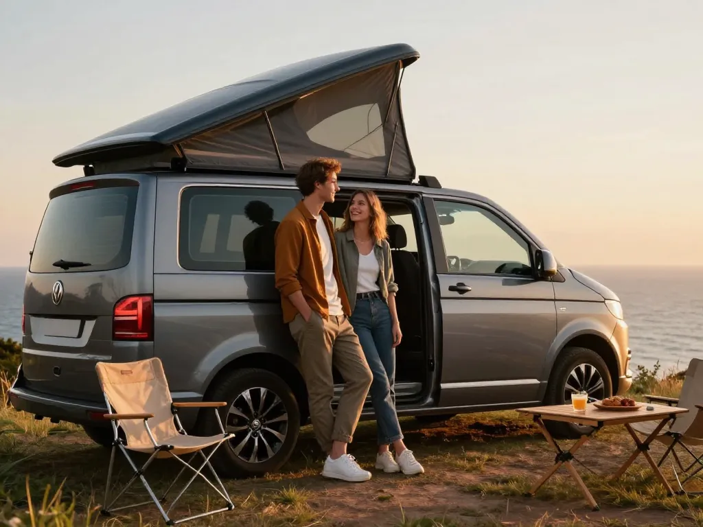Couple d'aventuriers se relaxant devant un van VW California avec toit relevable sur une falaise surplombant l'Atlantique.