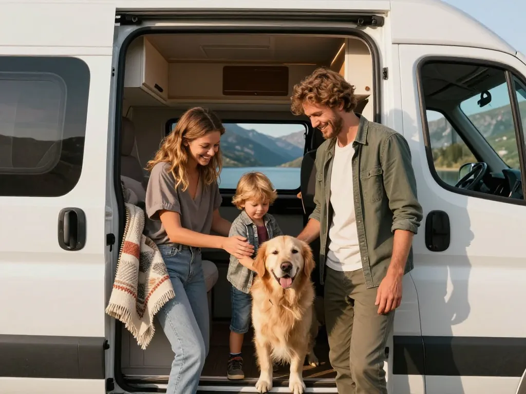 Une famille souriante avec un petit enfant et leur chien Golden Retriever à l'intérieur d'un van aménagé face à un lac de montagne.