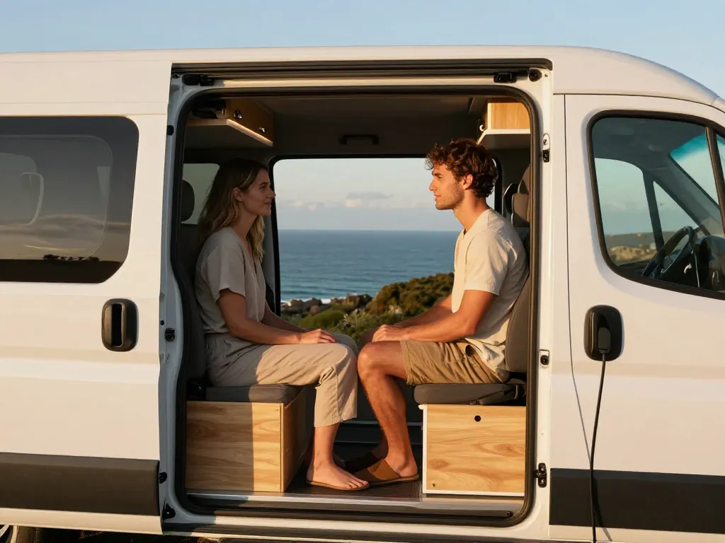 Jeune couple admirant le coucher de soleil sur l'océan depuis l'arrière de leur fourgon aménagé électrique sur une côte rocheuse.