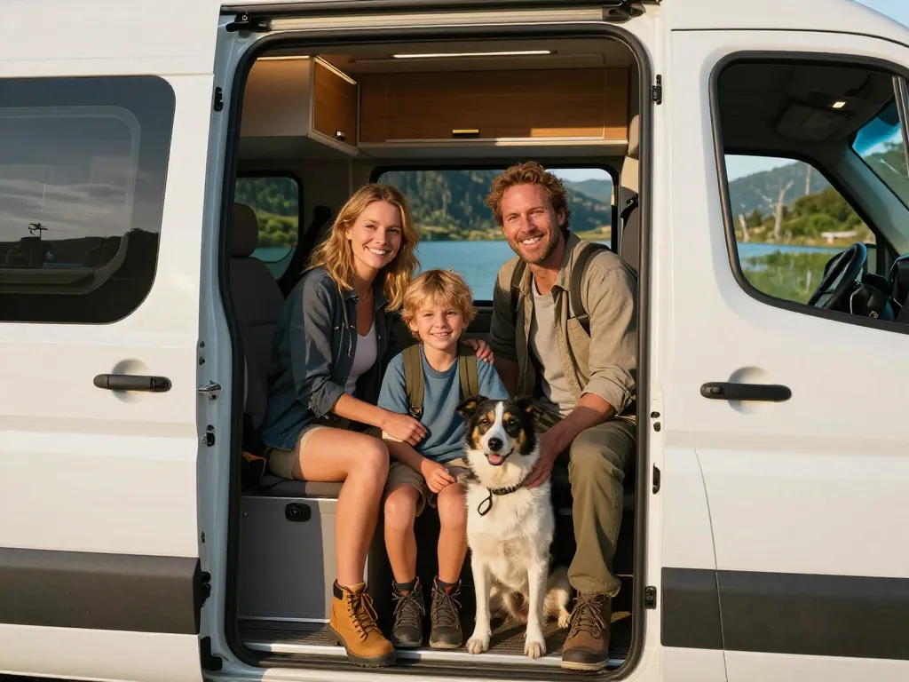 Une famille joyeuse avec un jeune enfant et leur chien devant un van aménagé dans un paysage de montagne au soleil couchant.