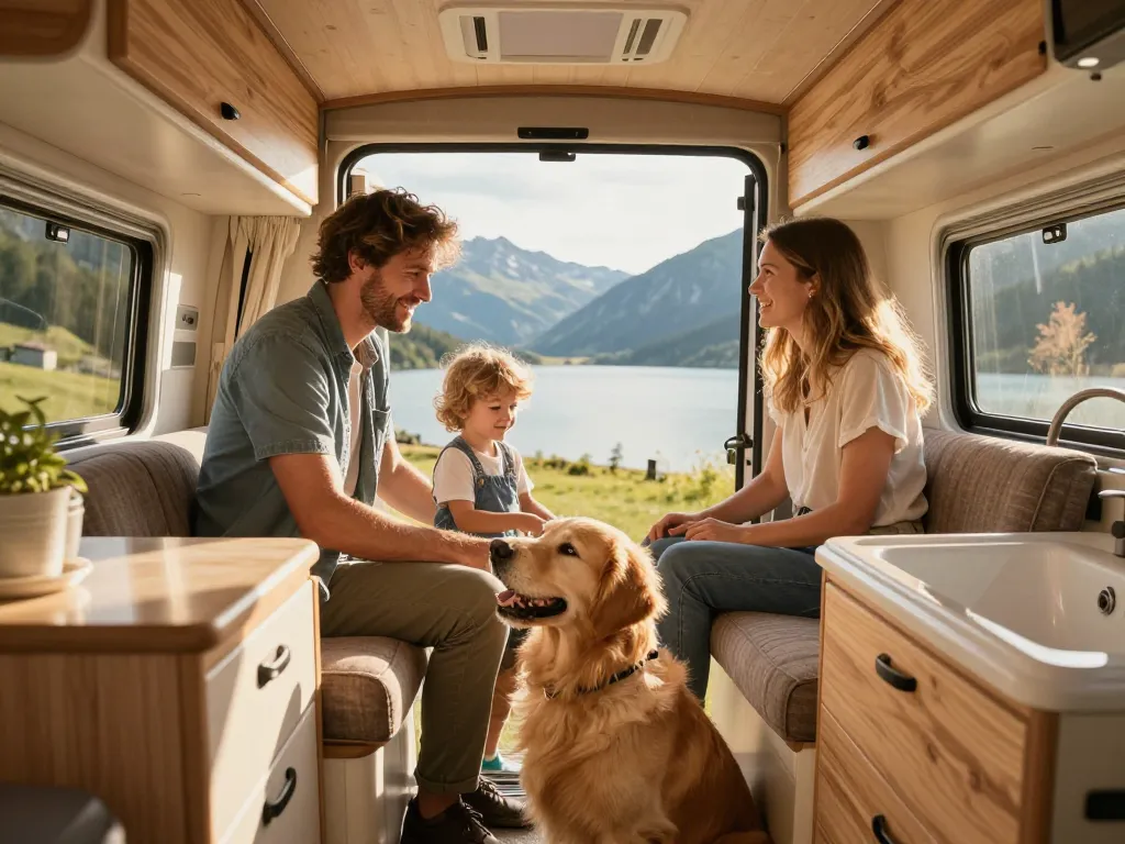 Une famille souriante avec un jeune enfant et un chien à l'intérieur d'un van aménagé face à un paysage de montagne.