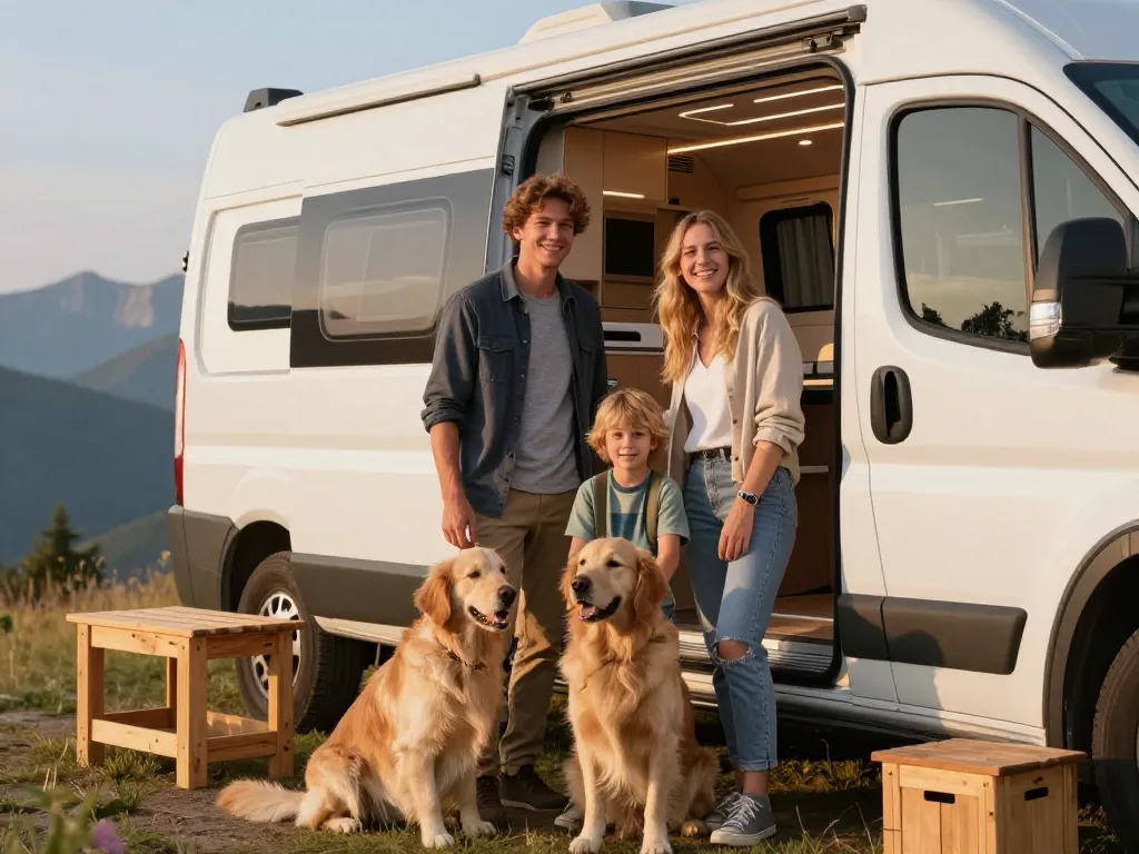 Une famille heureuse avec un enfant et un chien Golden Retriever posant devant leur van dans un paysage de montagne au soleil couchant.