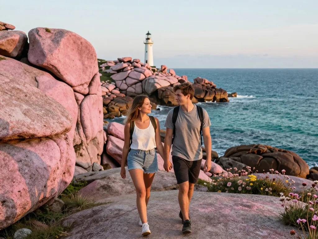 Un couple de voyageurs se promenant sur un sentier côtier devant les rochers de granit rose en Bretagne.