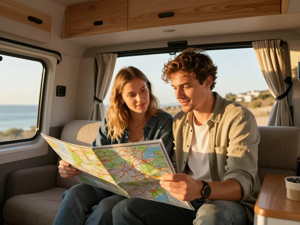 Un couple souriant planifiant son itinéraire à l'intérieur d'un van aménagé confortable avec vue sur l'océan.