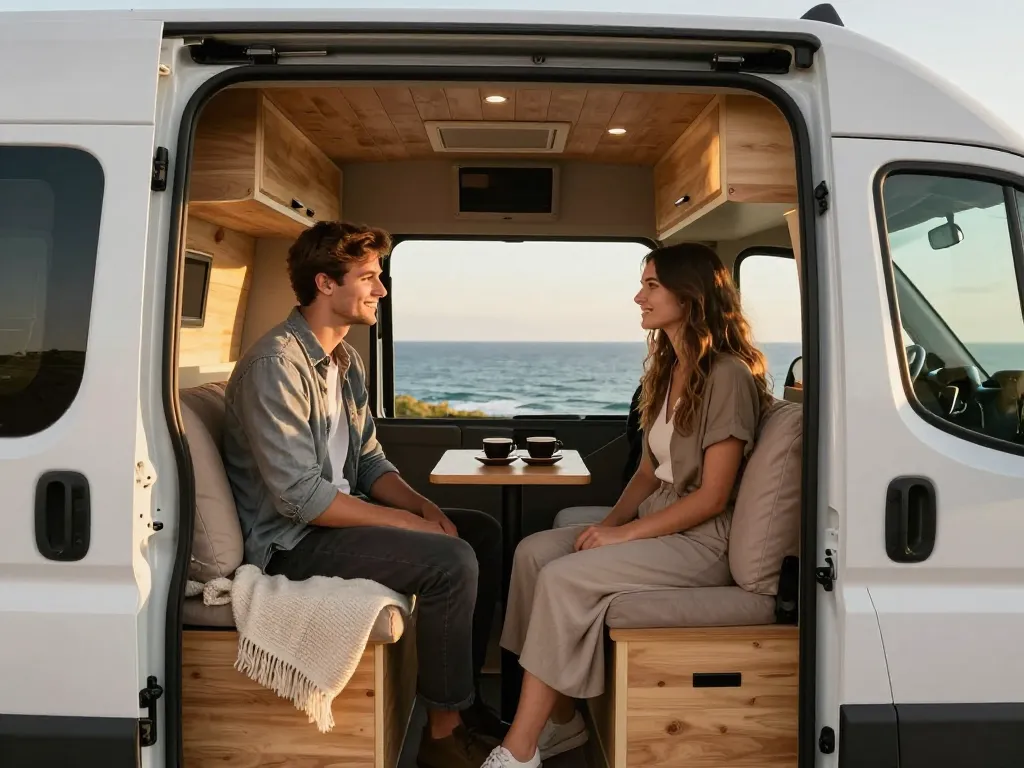 Un jeune couple se détend dans un van aménagé moderne avec vue panoramique sur les falaises au soleil couchant.