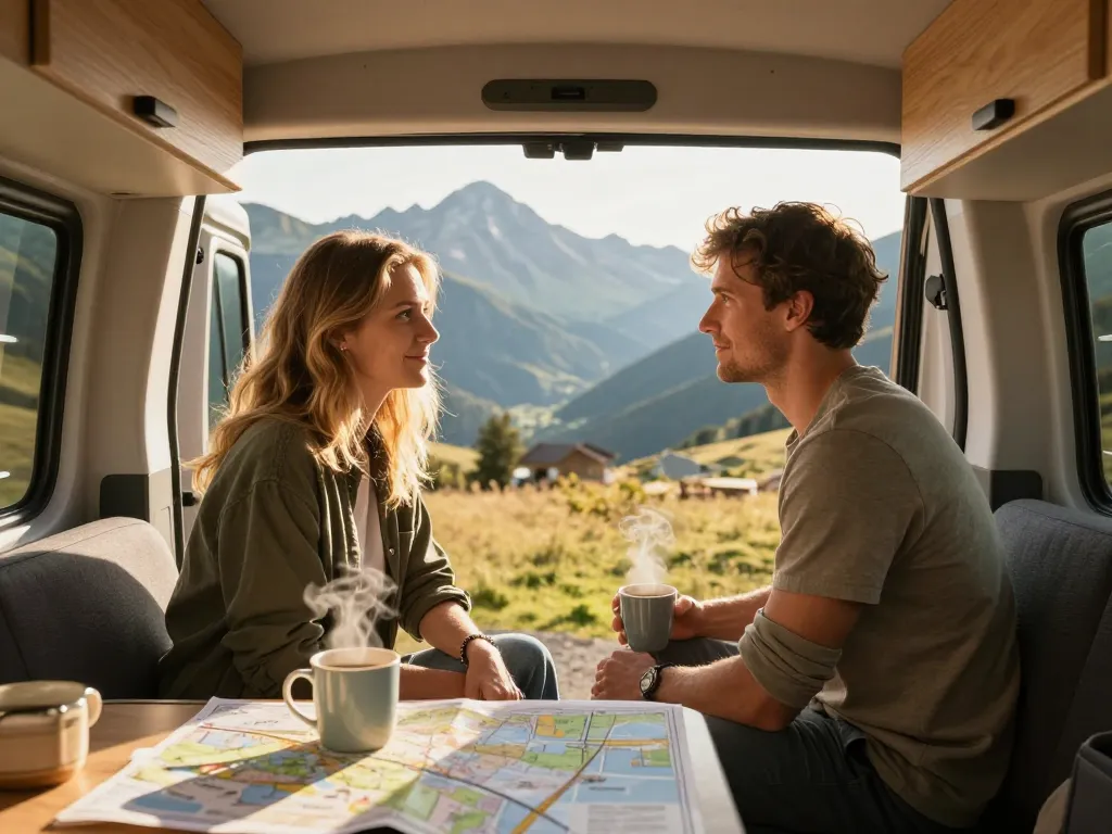 Un jeune couple souriant assis à l'arrière d'un fourgon aménagé face à un panorama de montagnes lors d'un voyage en France.