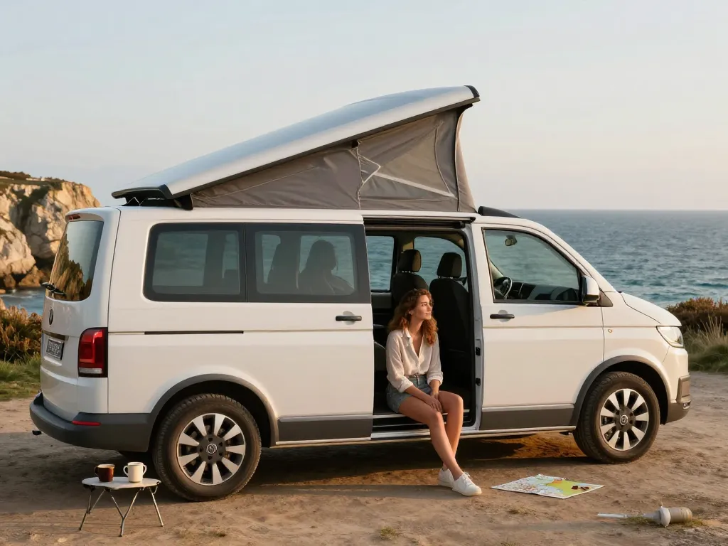 Un couple souriant assis à l'entrée d'un van VW California avec toit relevable devant un paysage côtier en Bretagne au coucher du soleil.
