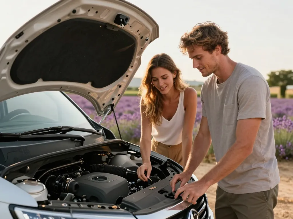 Jeune couple souriant vérifiant le moteur de leur van de location lors d'un voyage sur une route de campagne française.