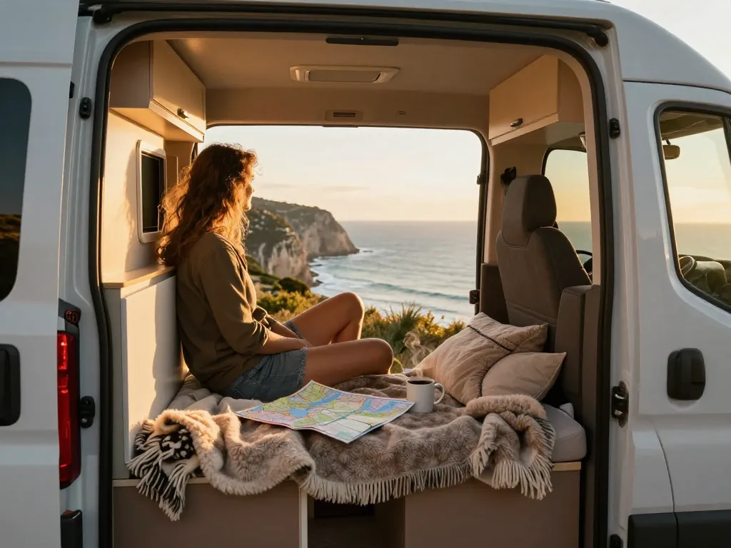 Jeune couple souriant à l'arrière d'un van aménagé face à un paysage côtier français au coucher du soleil.