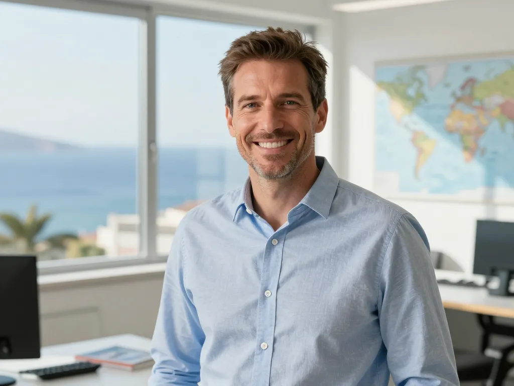 Portrait souriant de Marc D., expert en voyages, dans son bureau moderne prêt à conseiller les clients.