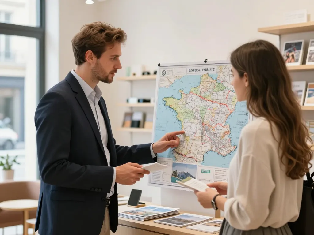 Une conseillère en voyage accueillante présente une carte de France à un couple de clients dans une agence moderne à Paris.