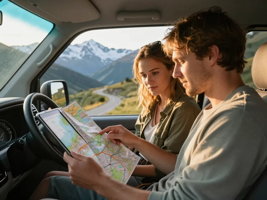 Un couple organise son itinéraire avec une carte à bord d'un fourgon aménagé sur une route de montagne.