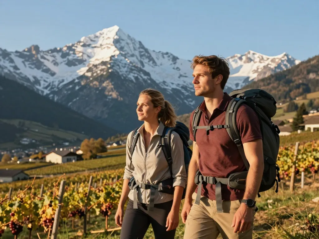 Un couple de randonneurs contemple un panorama mêlant les montagnes des Alpes et les vignobles du Sud-Ouest de la France.