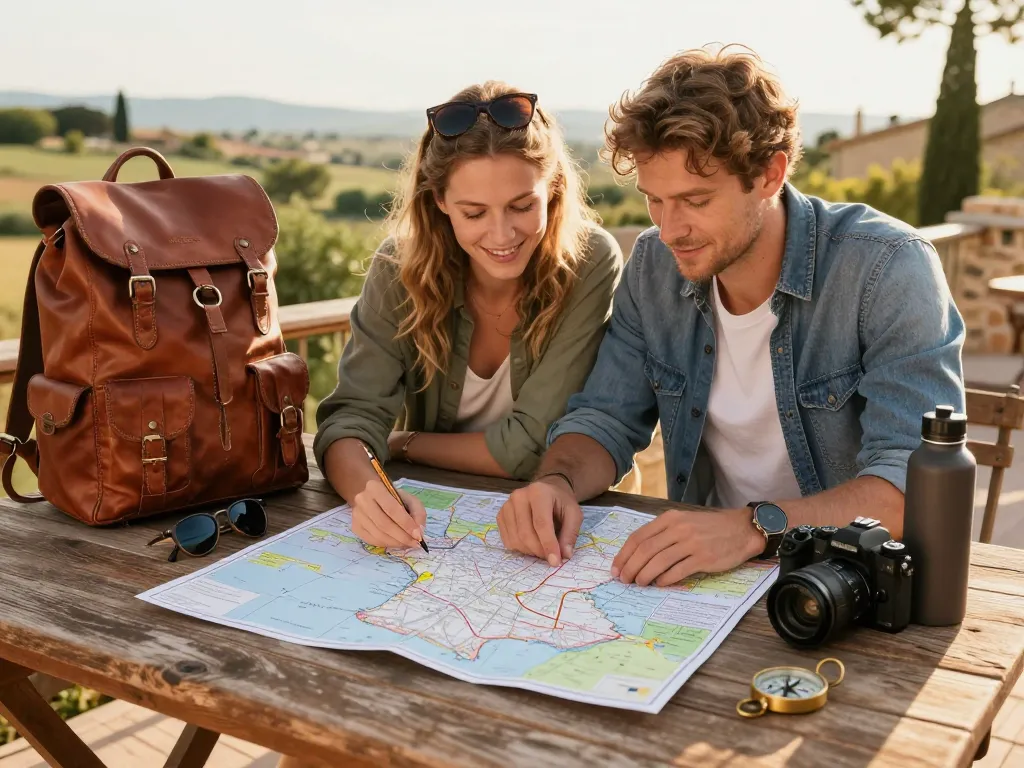 Un couple planifie son itinéraire sur une carte de France avec des accessoires de voyage sur une terrasse ensoleillée.