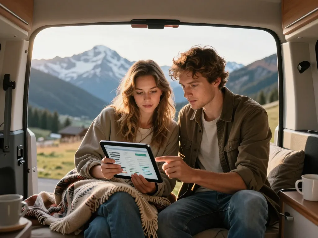 Un couple souriant à l'arrière d'un van organisant son budget de voyage sur une tablette devant un panorama montagneux au coucher du soleil.