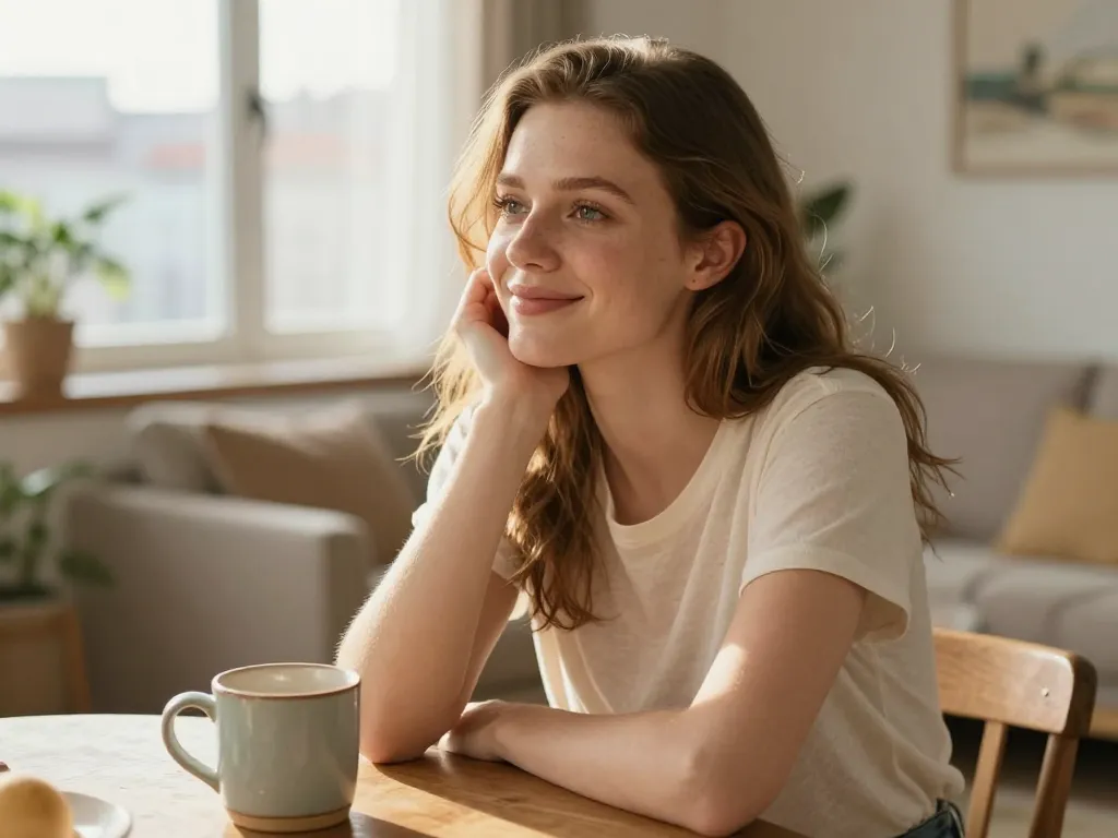 Portrait de Sarah, une jeune femme souriante et sereine dans le séjour moderne d'une location saisonnière.