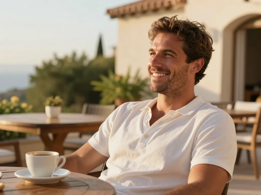 Un voyageur souriant se relaxant sur la terrasse d'une maison de vacances ensoleillée.