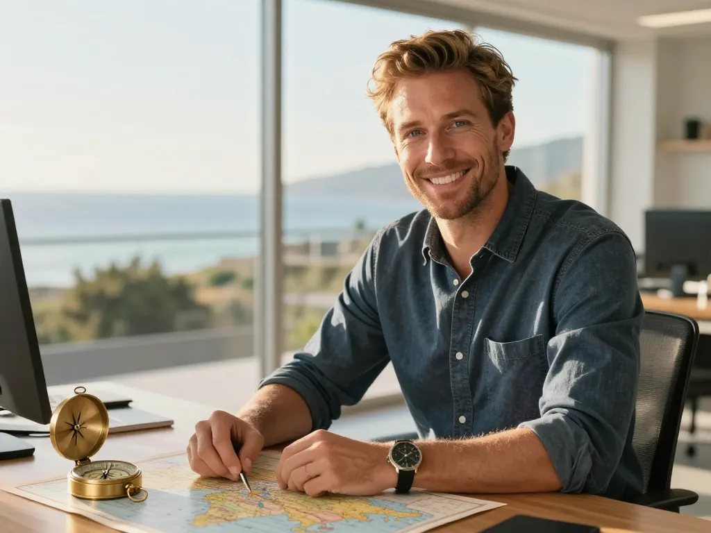 Portrait de Thomas V., expert en voyage, souriant avec professionnalisme dans son bureau pour vous conseiller.