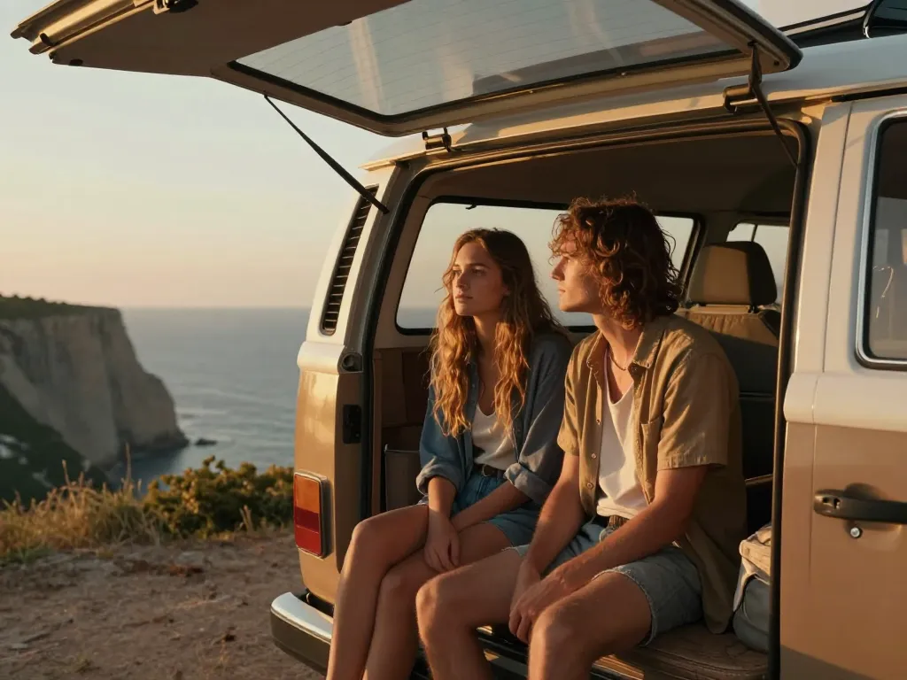 Un jeune couple de voyageurs assis à l'arrière de leur van aménagé admirant un coucher de soleil spectaculaire sur l'océan depuis une falaise.