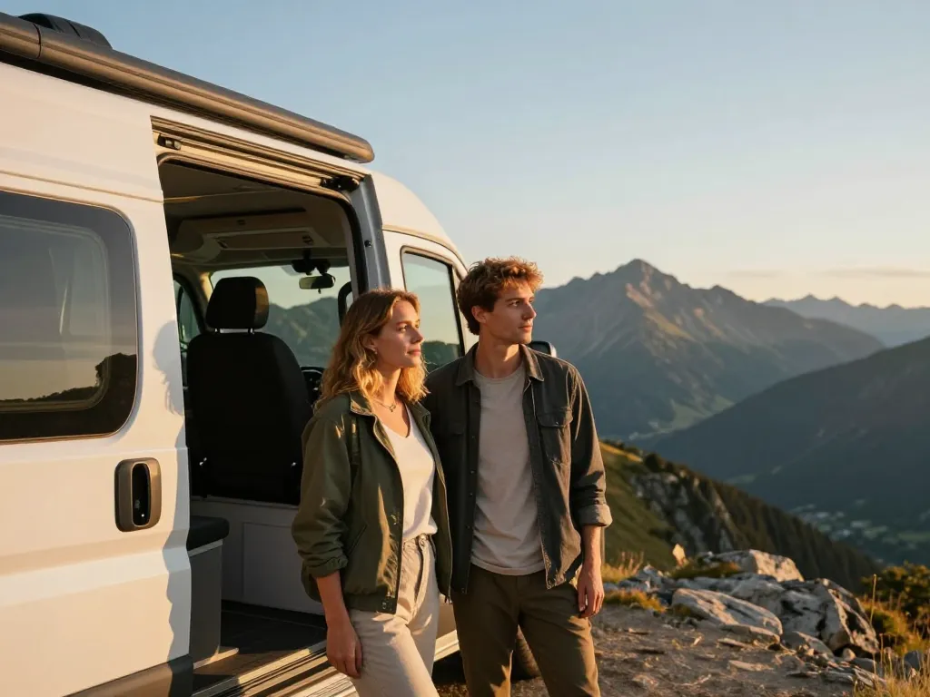 Un couple profitant de la vue panoramique près de leur van aménagé au sommet d'une montagne.