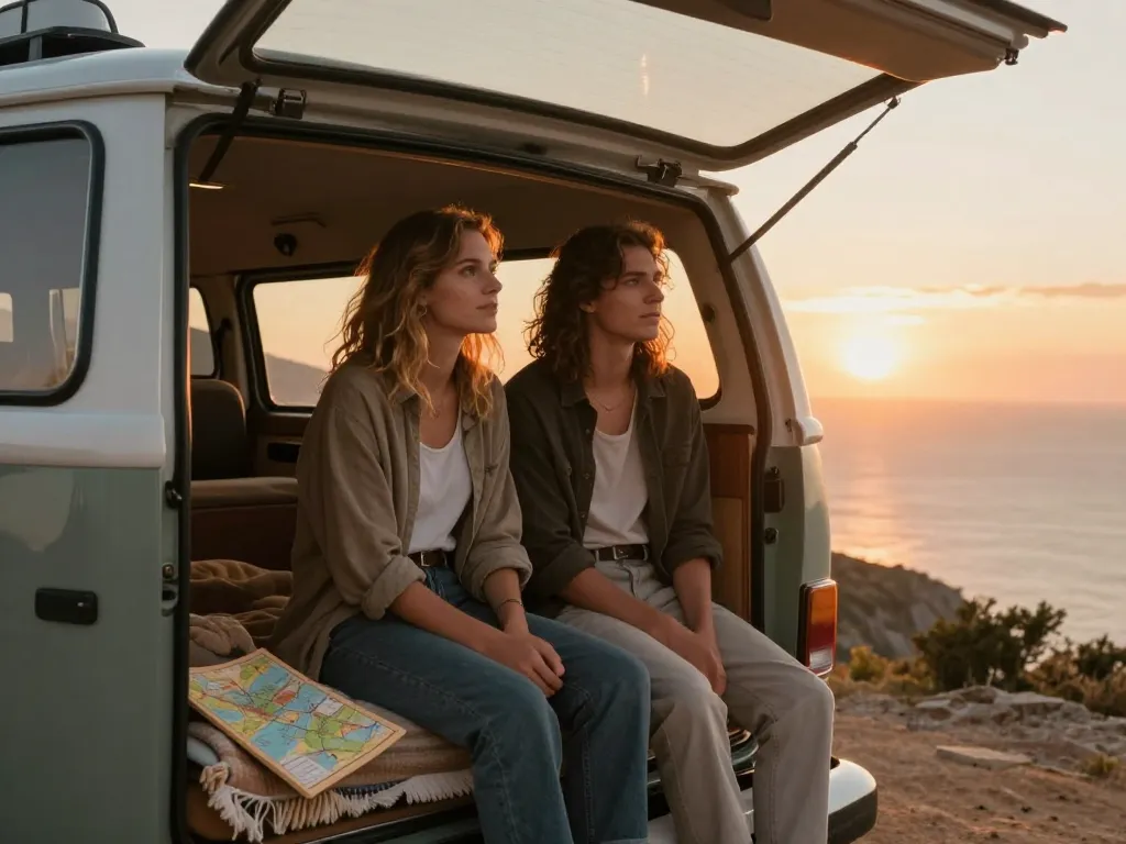 Jeune couple souriant assis à l'arrière d'un van aménagé face à un magnifique coucher de soleil sur l'océan.