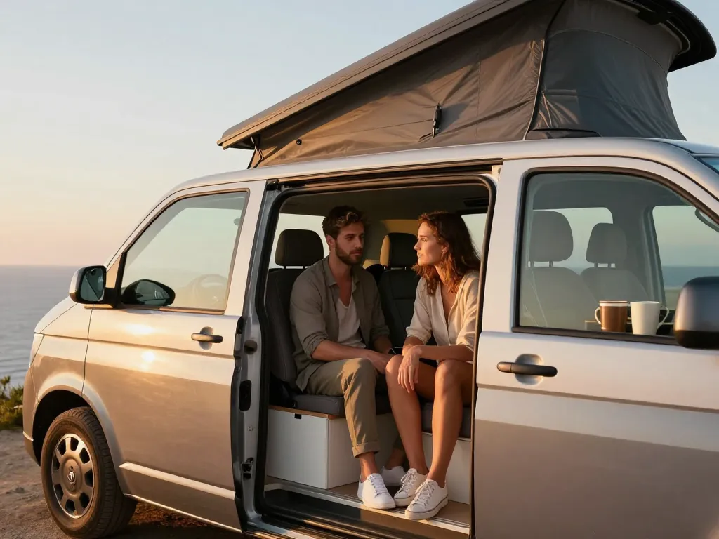 Couple souriant à l'intérieur d'un van compact aménagé de type VW California stationné face à la mer au coucher du soleil.