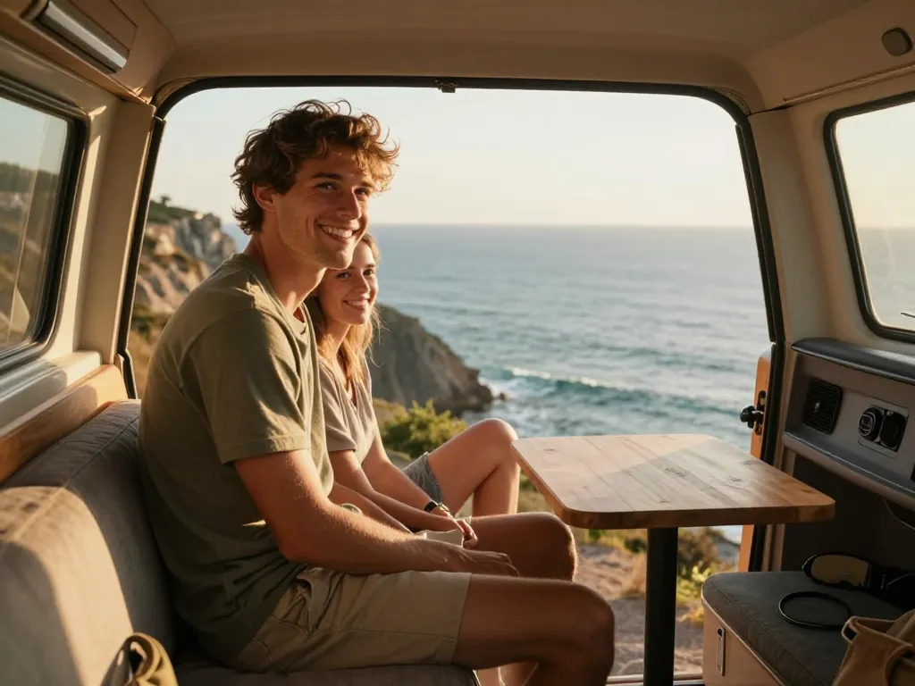 Jeune couple de voyageurs souriants à l'arrière d'un van aménagé ouvert sur l'immensité de l'océan.