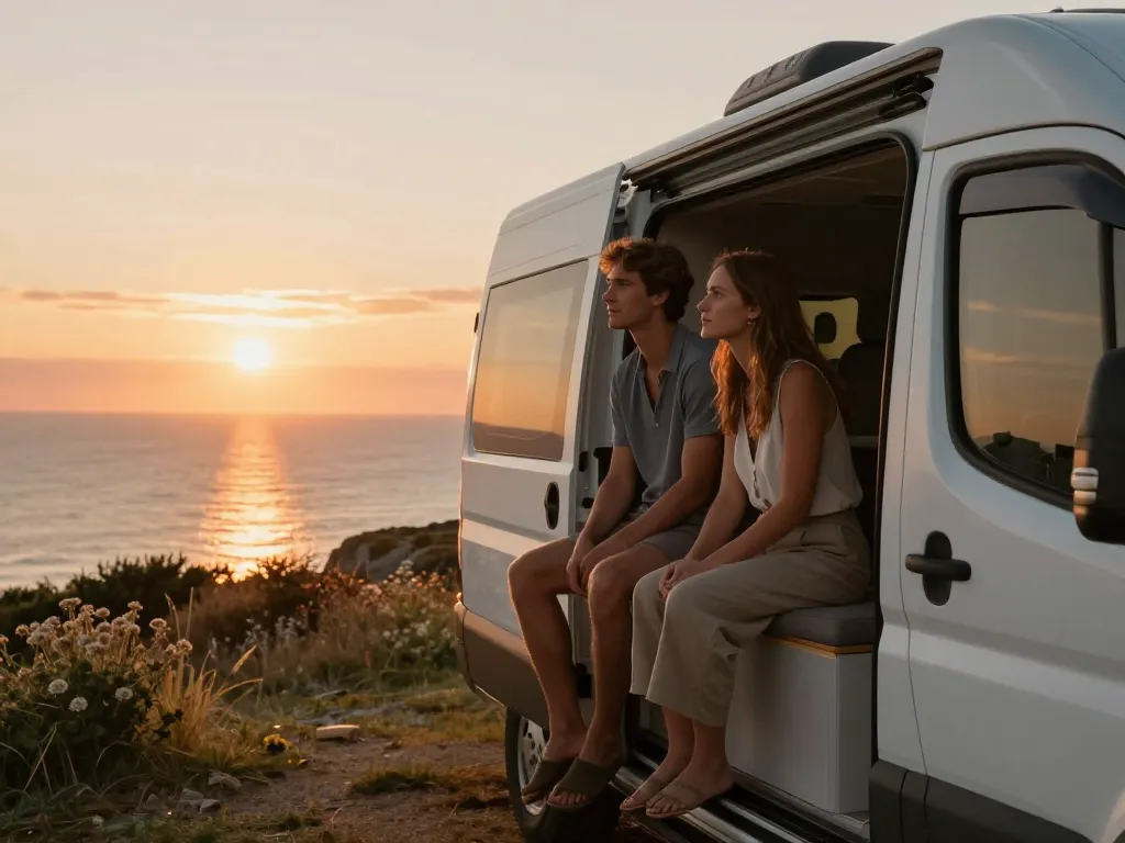 Un van aménagé stationné sur une falaise face à l'immensité de l'océan Atlantique lors d'un coucher de soleil doré.