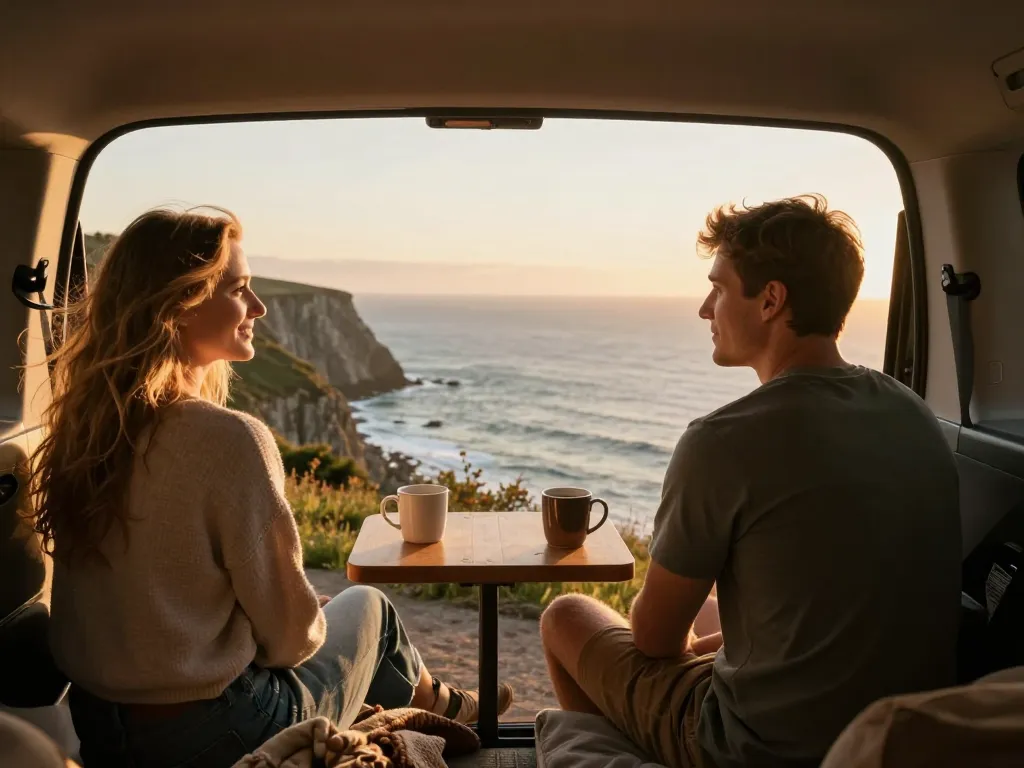 Un jeune couple assis à l'arrière de son fourgon aménagé admirant le coucher de soleil sur l'horizon marin depuis une falaise sauvage.