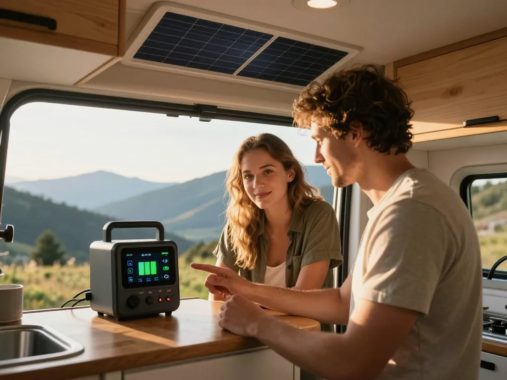 Couple vérifiant l'autonomie électrique de leur van avec une batterie et des panneaux solaires devant un paysage de montagne.