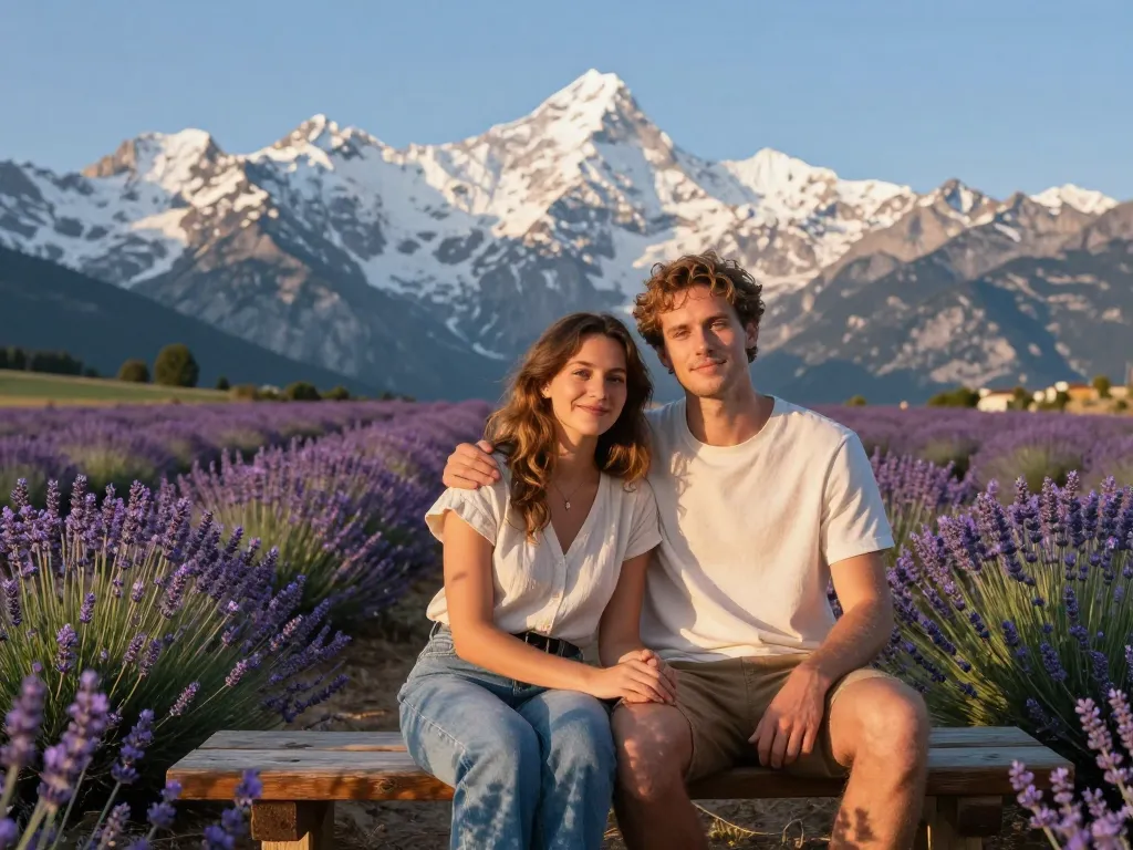 Un couple admirant un champ de lavande avec les montagnes enneigées des Alpes en arrière-plan sous le soleil couchant.