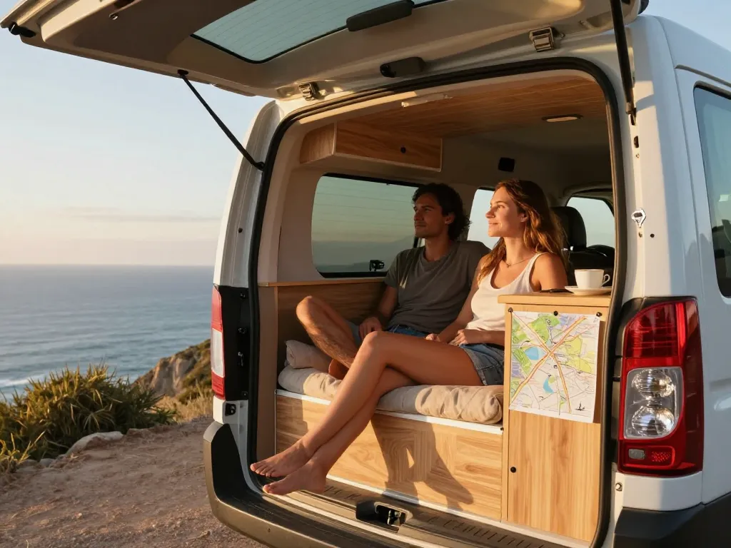 Un couple souriant se relaxant à l'arrière d'un van Renault Master aménagé face à l'océan au coucher du soleil.