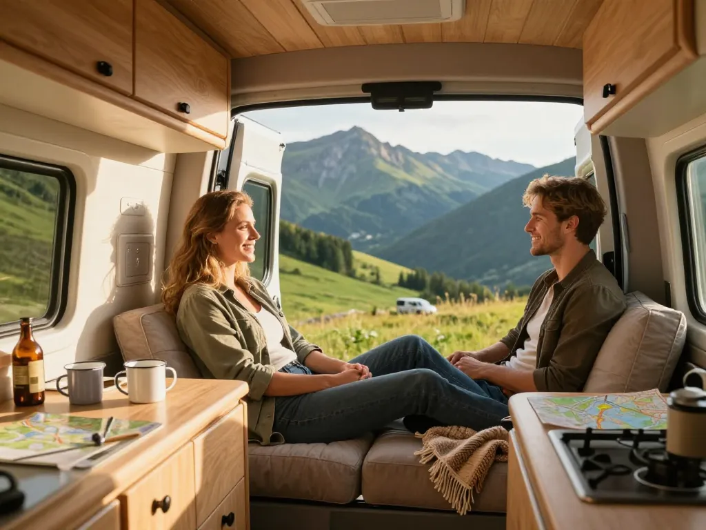 Couple de voyageurs souriant à l'intérieur d'un van aménagé spacieux et moderne avec vue sur les montagnes.