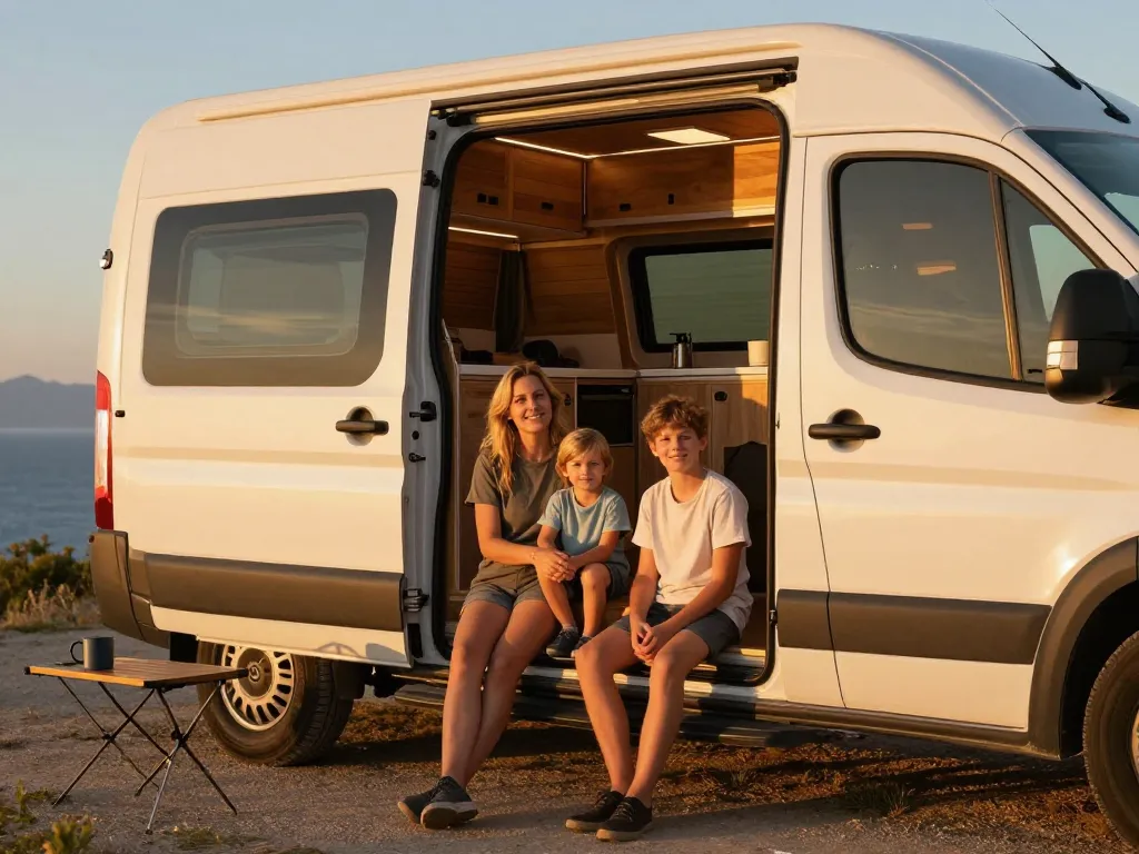 Une famille souriante se détend à côté de son fourgon aménagé face à l'océan au coucher du soleil.