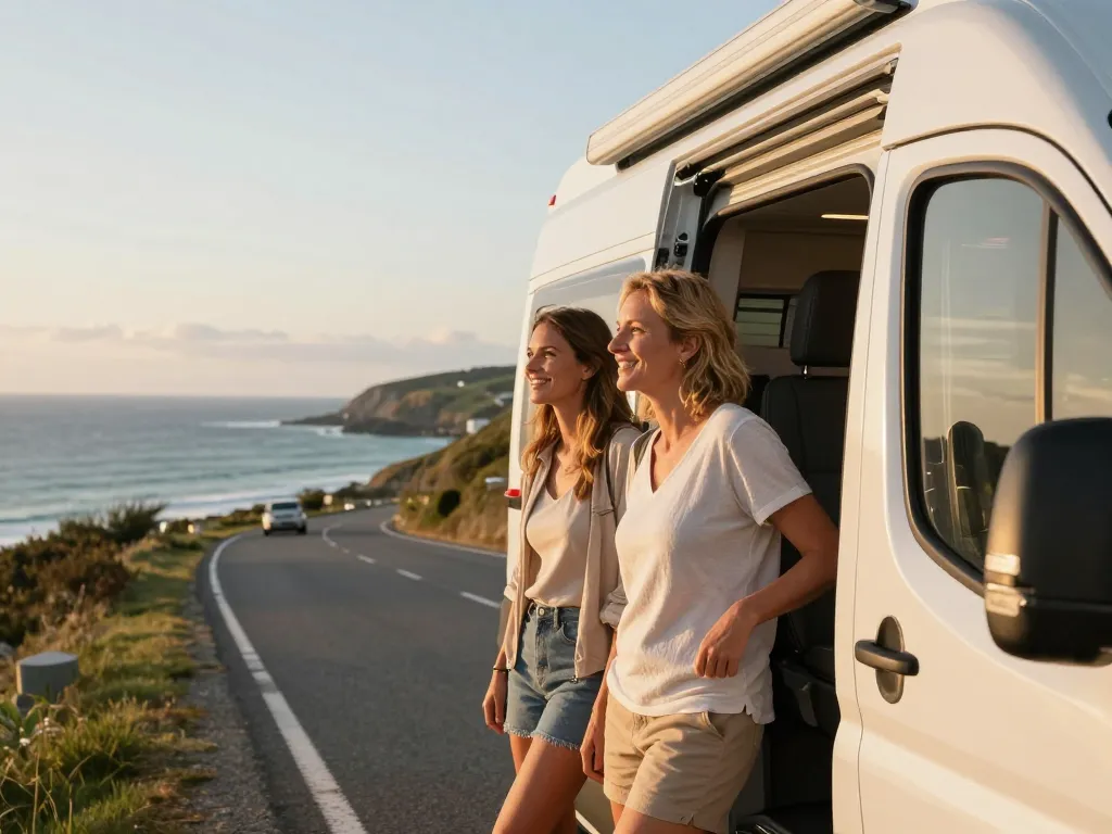 Un couple de voyageurs devant leur van aménagé compact sur une route de corniche en Bretagne face à l'océan au coucher du soleil.
