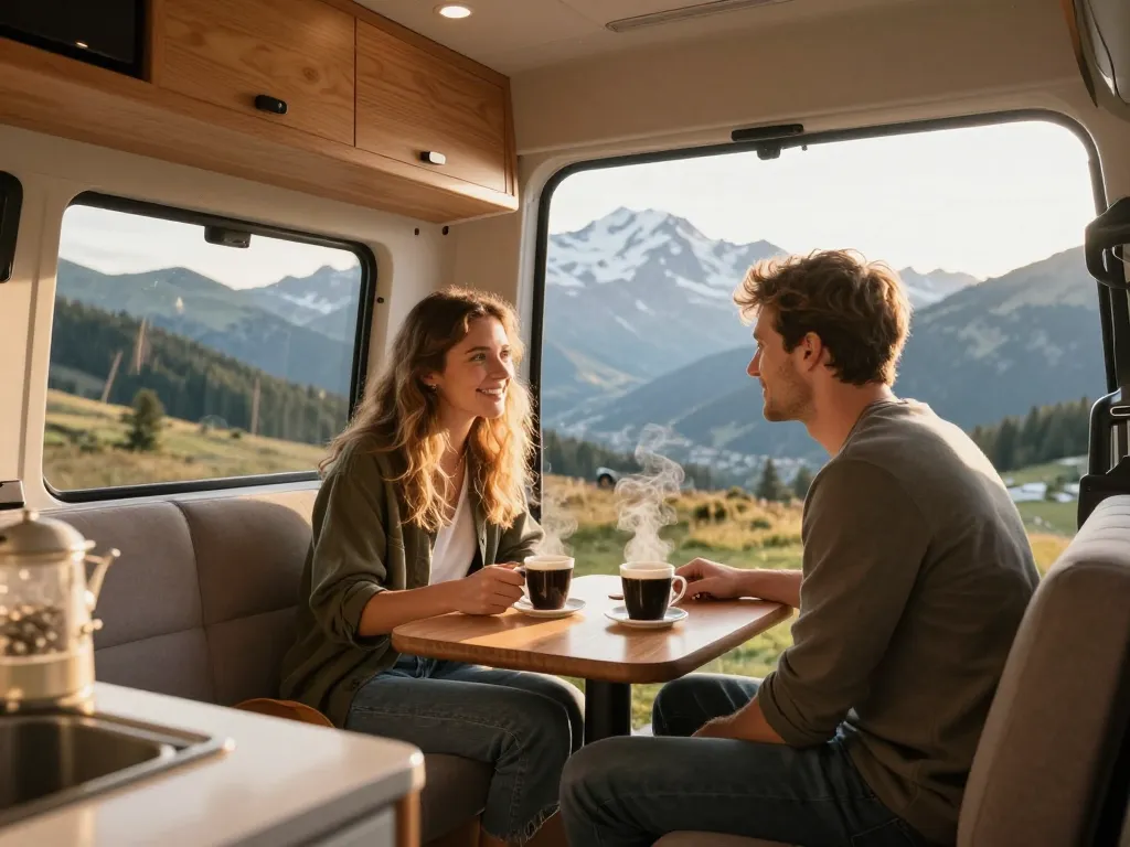 Un couple souriant profite du confort d'un van aménagé haut de gamme face à un paysage de montagne au coucher du soleil.
